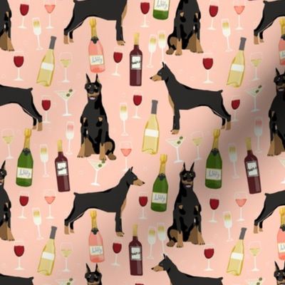 doberman wine dog fabric - wine fabric, rose fabric, doberman fabric, doberman dogs, - peach