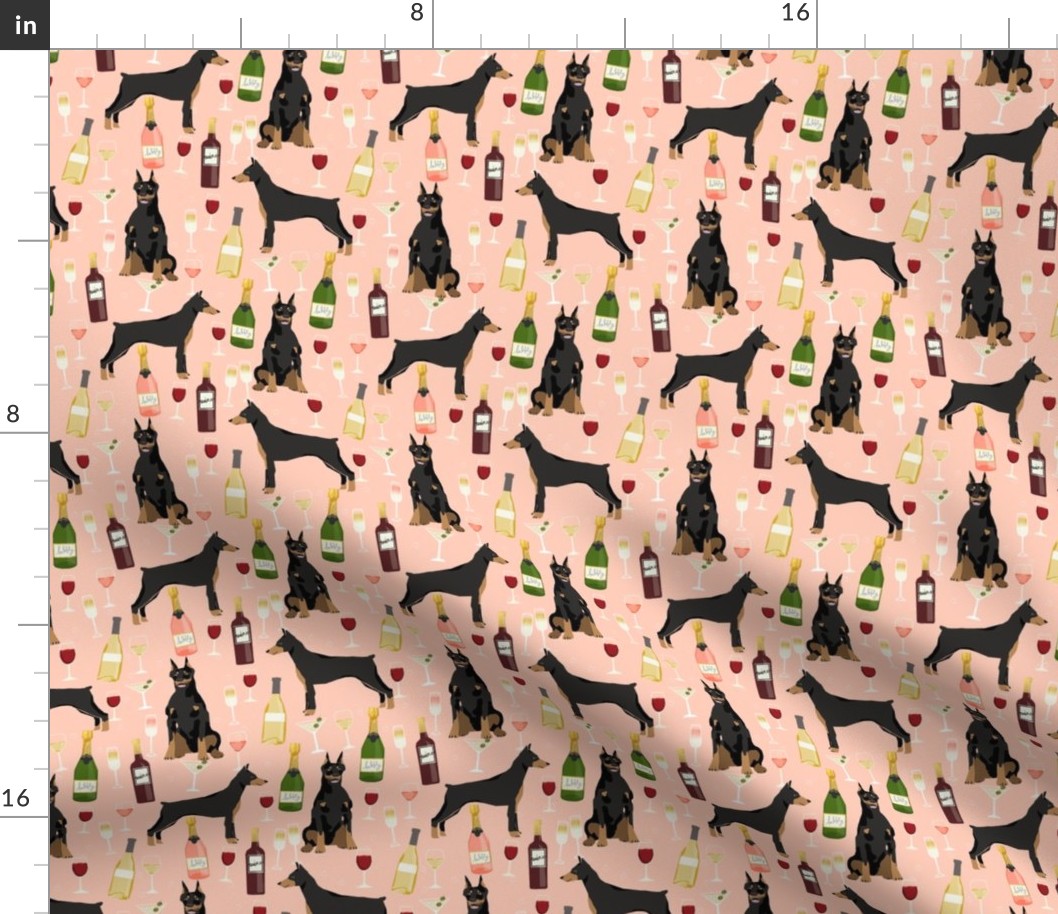 doberman wine dog fabric - wine fabric, rose fabric, doberman fabric, doberman dogs, - peach