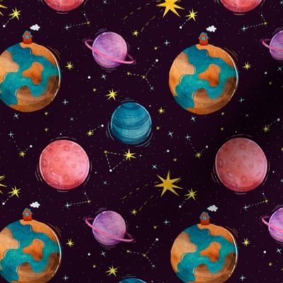 Bright space for children with multicolored planets