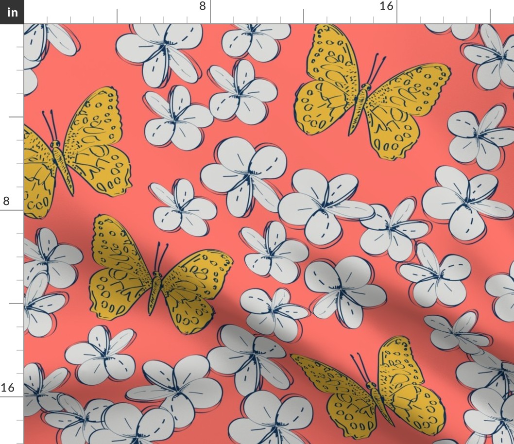 butterflies and flowers on a coral background