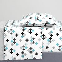 Tossed plus signs crosses new modern abstract Scandinavian icon design boys black and white blue