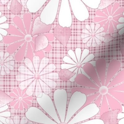  White, pink flowers on light pink checkered background.