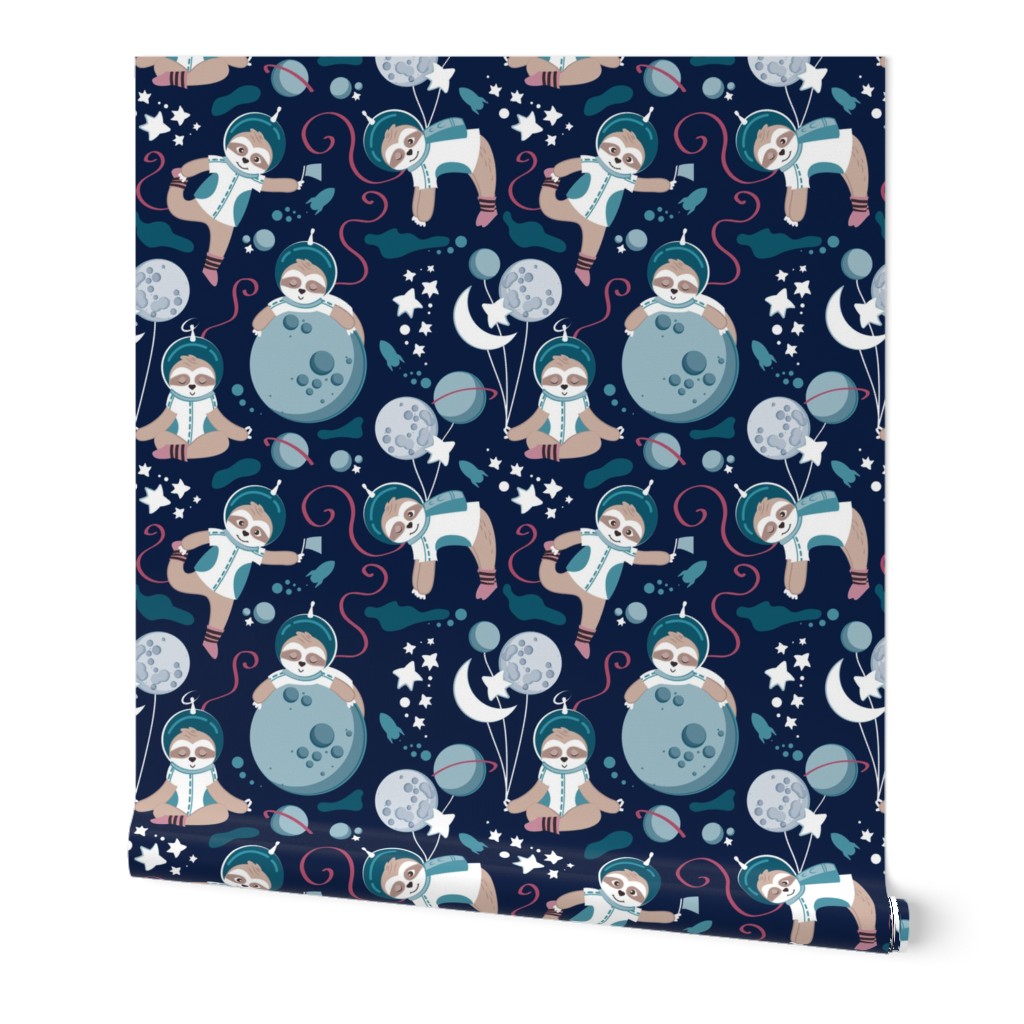 Normal scale // Best Space To Be // navy blue background turquoise moons and cute astronauts sloths