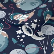 Normal scale // Best Space To Be // navy blue background turquoise moons and cute astronauts sloths