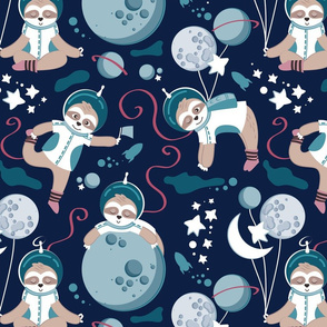 Normal scale // Best Space To Be // navy blue background turquoise moons and cute astronauts sloths