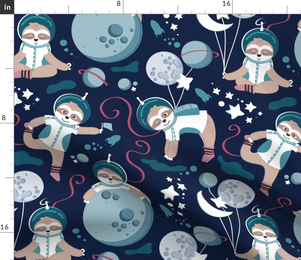 Normal scale // Best Space To Be // navy blue background turquoise moons and cute astronauts sloths