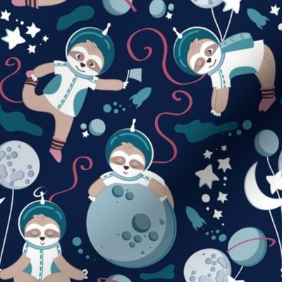 Small scale // Best Space To Be // navy blue background turquoise moons and cute astronauts sloths