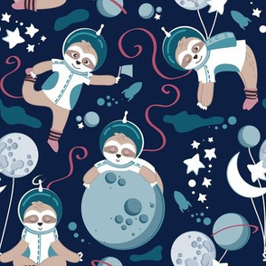 Small scale // Best Space To Be // navy blue background turquoise moons and cute astronauts sloths