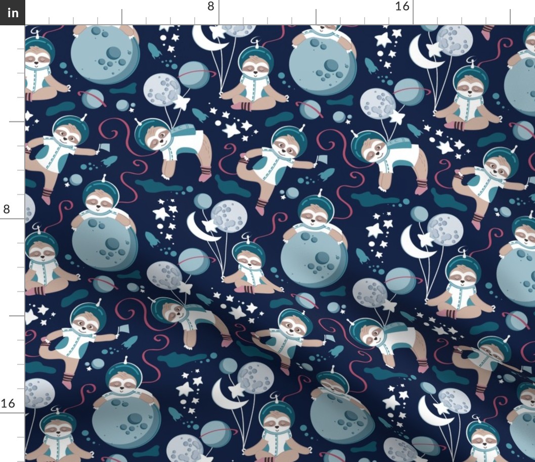 Small scale // Best Space To Be // navy blue background turquoise moons and cute astronauts sloths