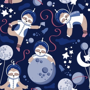 Normal scale // Best Space To Be // navy blue background indigo moons and cute astronauts sloths