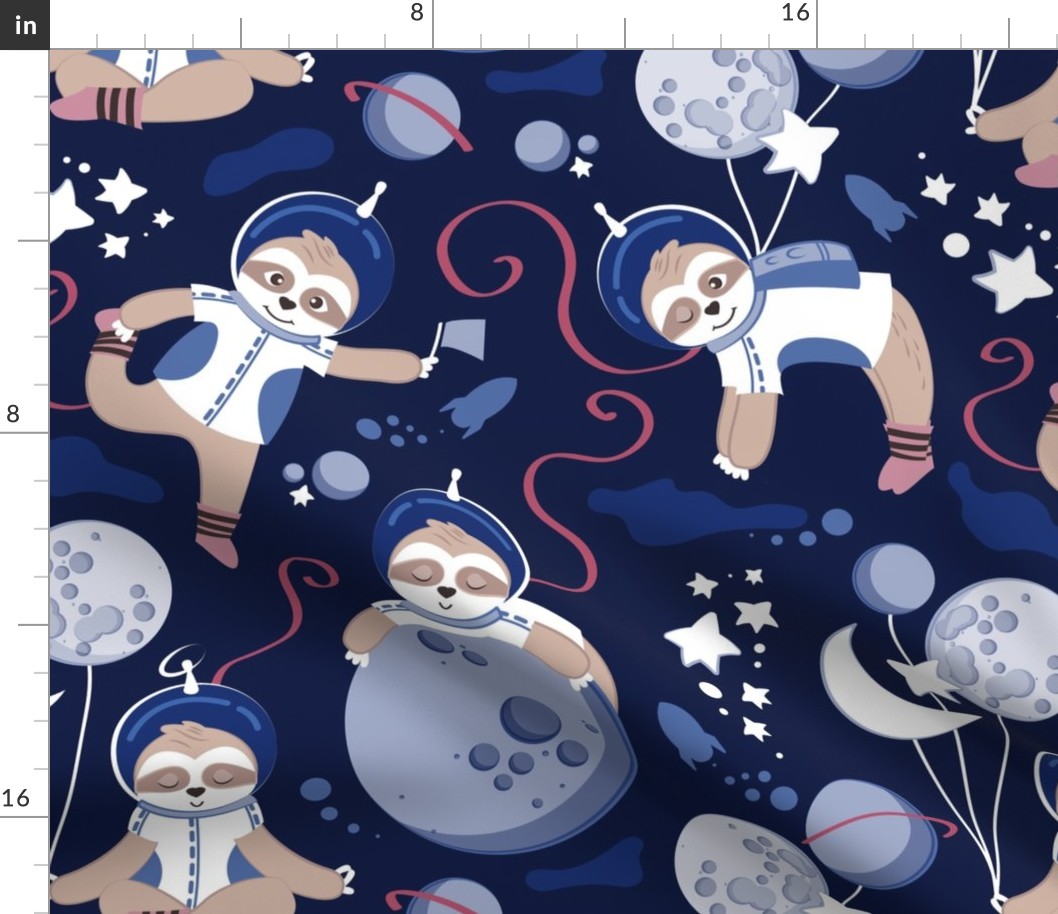 Normal scale // Best Space To Be // navy blue background indigo moons and cute astronauts sloths