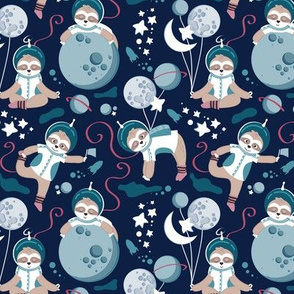 Tiny scale // Best Space To Be // navy blue background turquoise moons and cute astronauts sloths