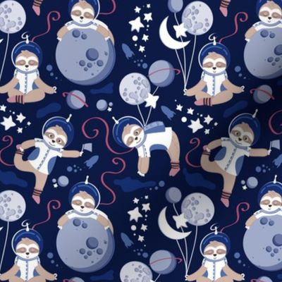 Tiny scale // Best Space To Be // navy blue background indigo moons and cute astronauts sloths