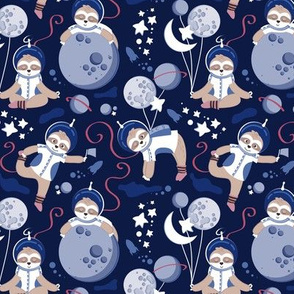 Tiny scale // Best Space To Be // navy blue background indigo moons and cute astronauts sloths
