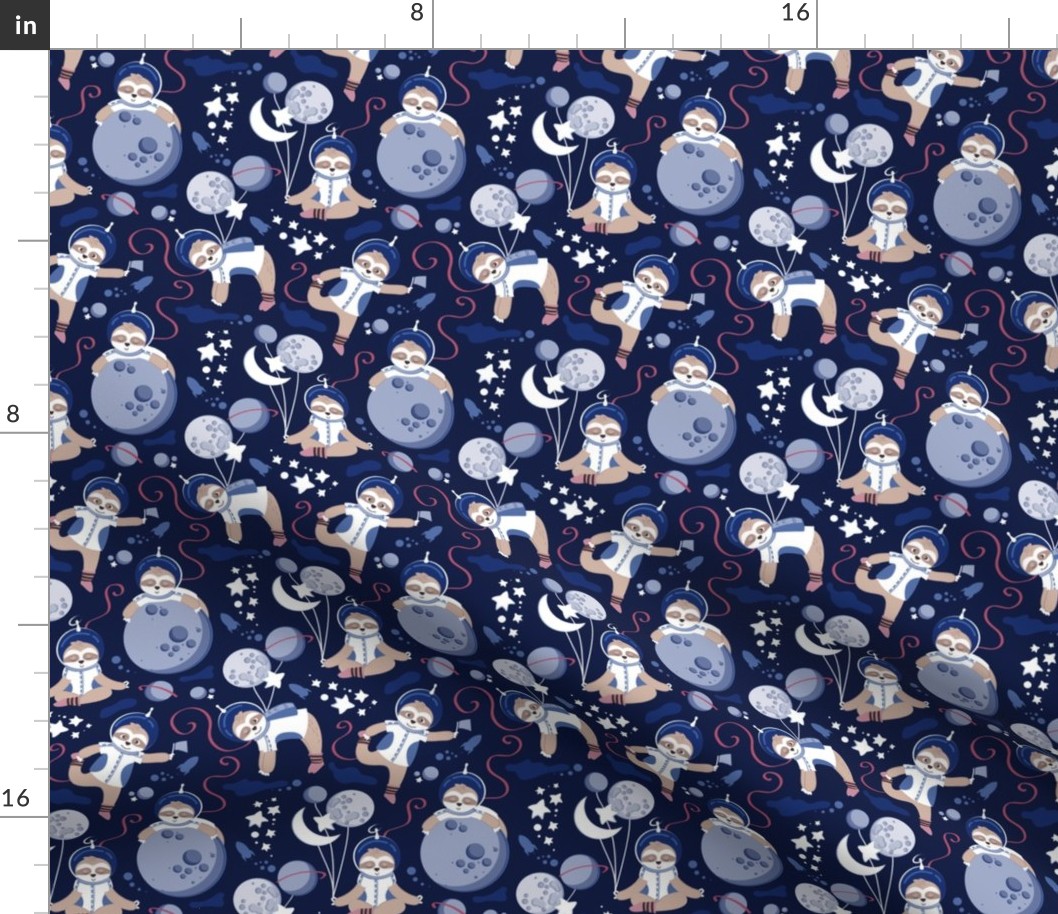 Tiny scale // Best Space To Be // navy blue background indigo moons and cute astronauts sloths