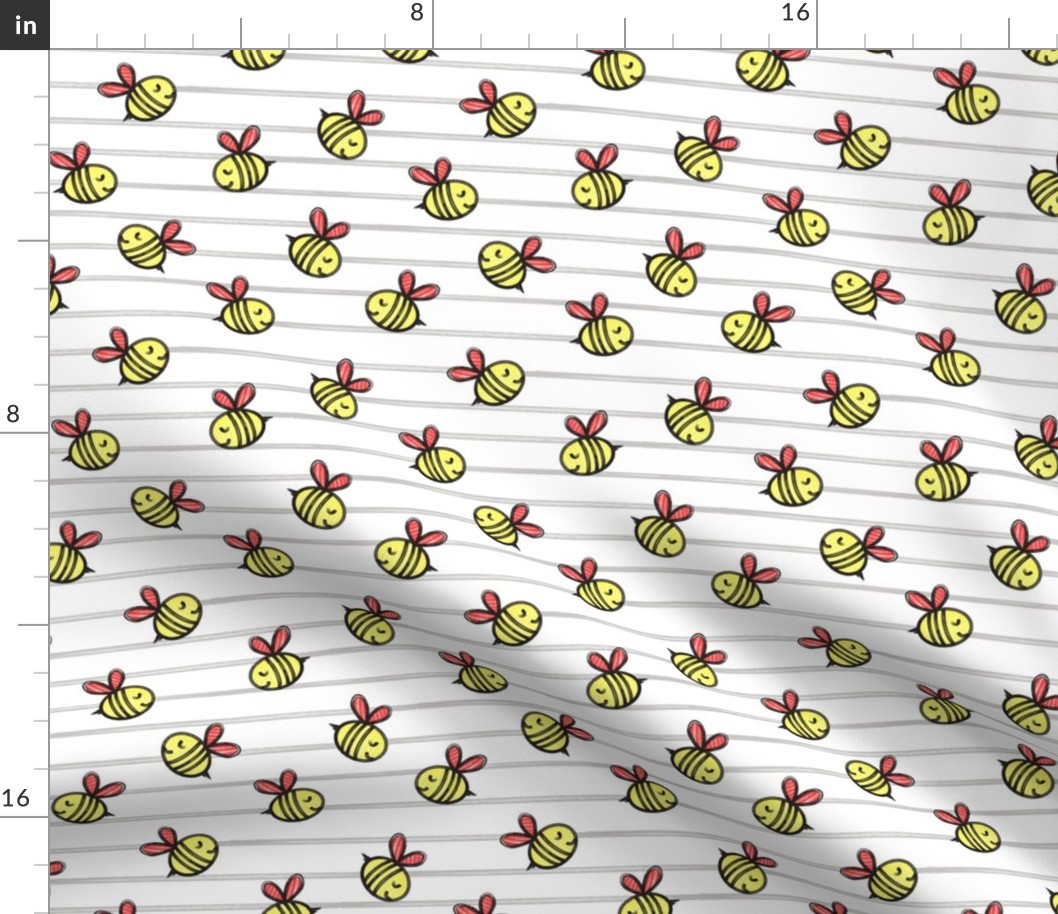 cute bees - spring fabric - grey stripes LAD19