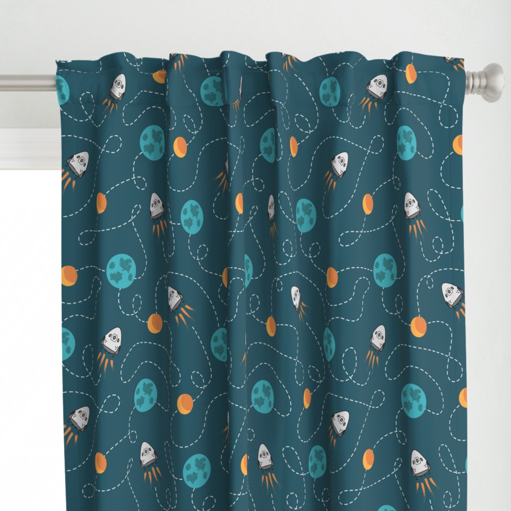 Universe spaceship earth moon dark teal orange Wallpaper