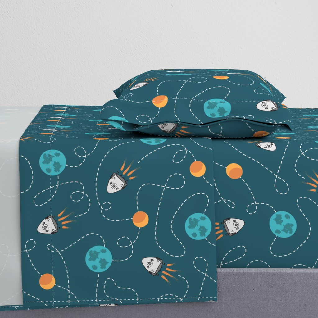 Universe spaceship earth moon dark teal orange Wallpaper