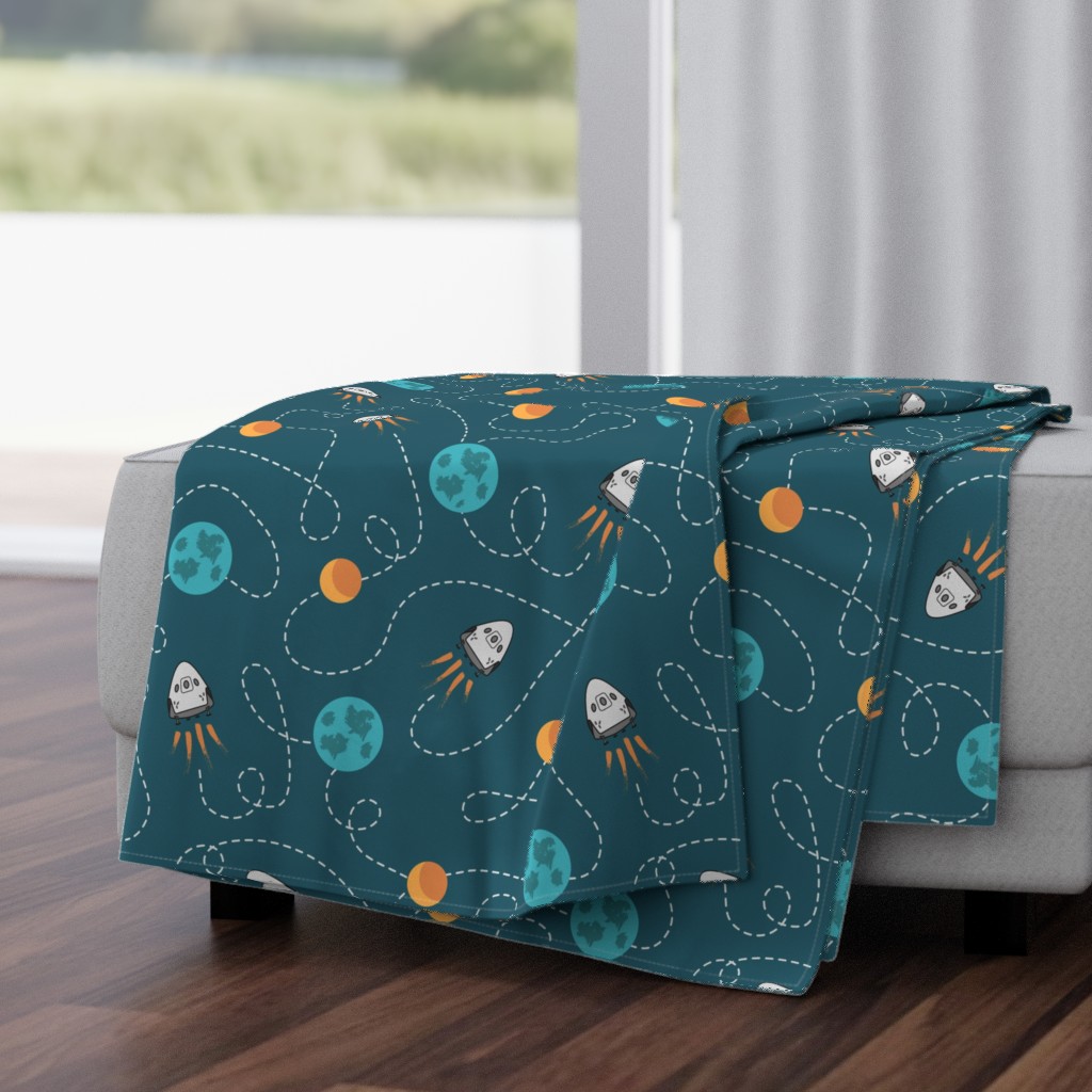 Universe spaceship earth moon dark teal orange Wallpaper