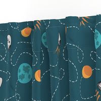 Universe spaceship earth moon dark teal orange Wallpaper