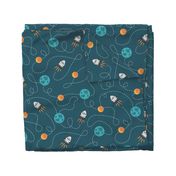 Universe spaceship earth moon dark teal orange Wallpaper