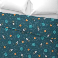 Universe spaceship earth moon dark teal orange Wallpaper