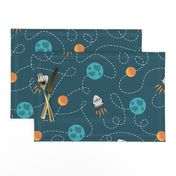 Universe spaceship earth moon dark teal orange Wallpaper