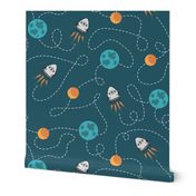 Universe spaceship earth moon dark teal orange Wallpaper