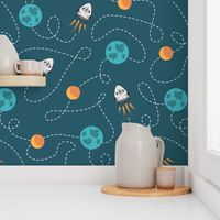 Universe spaceship earth moon dark teal orange Wallpaper