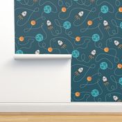 Universe spaceship earth moon dark teal orange Wallpaper