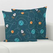 Universe spaceship earth moon dark teal orange Wallpaper