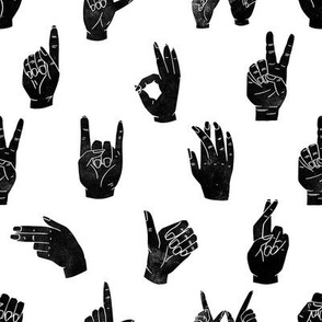 hands fabric - linocut hand signs, okay, thumbs up, palm, linocut print, hands fabric, resist - white