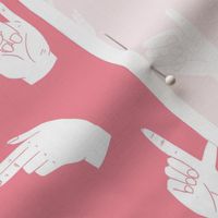 hands fabric - linocut hand signs, okay, thumbs up, palm, linocut print, hands fabric, resist - pink