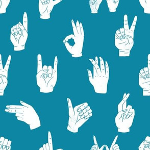 hands fabric - linocut hand signs, okay, thumbs up, palm, linocut print, hands fabric, resist - teal