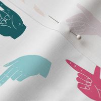 hands fabric - linocut hand signs, okay, thumbs up, palm, linocut print, hands fabric, resist - multi