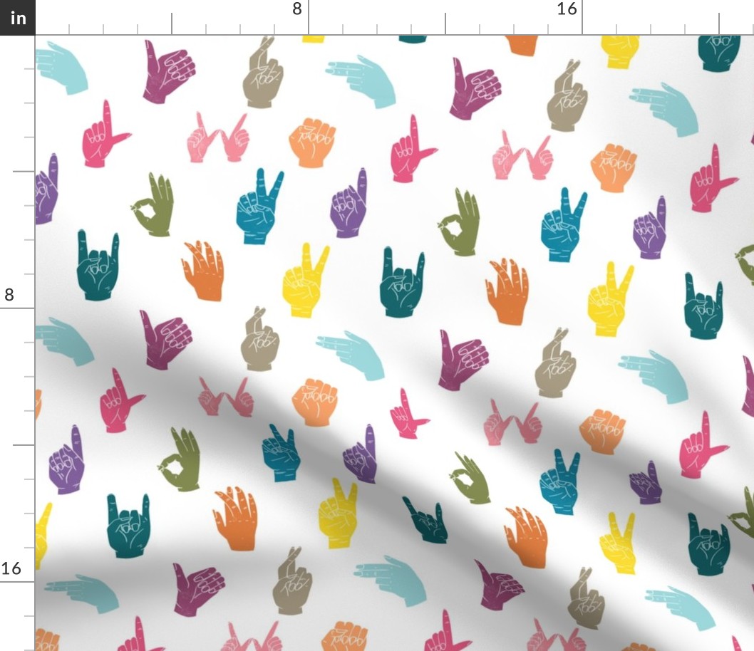 hands fabric - linocut hand signs, okay, thumbs up, palm, linocut print, hands fabric, resist - multi