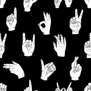 hands fabric - linocut hand signs, okay, thumbs up, palm, linocut print, hands fabric, resist - black