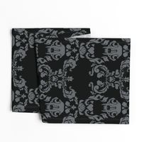 Cat Skull Damask -- Black/Grey