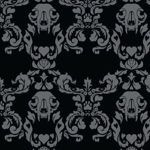 Cat Skull Damask -- Black/Grey