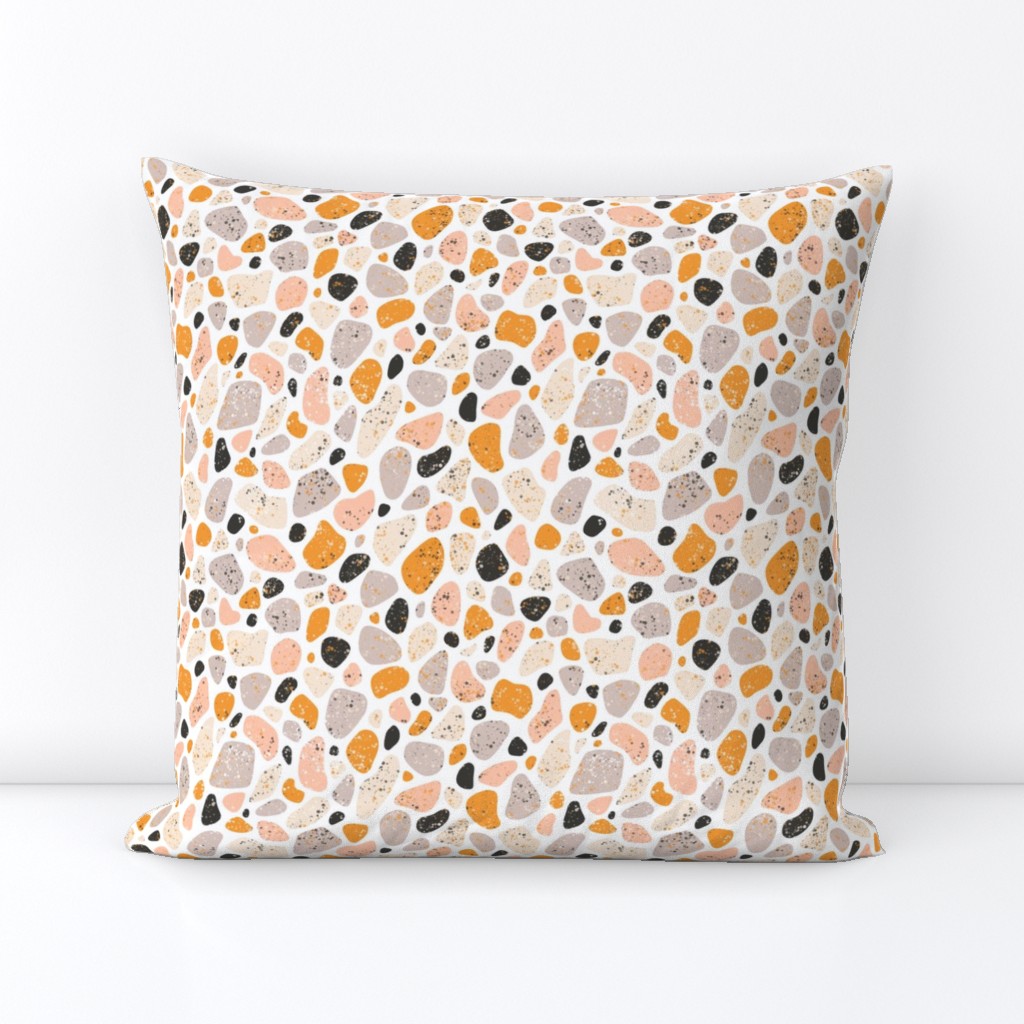 Terrazzo grey, orange and pink pebbles seamless pattern