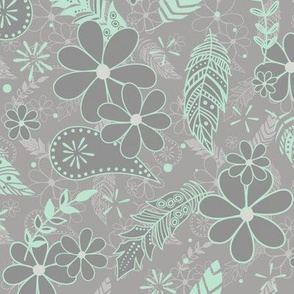 mint on gray boho feathers flowers paislies