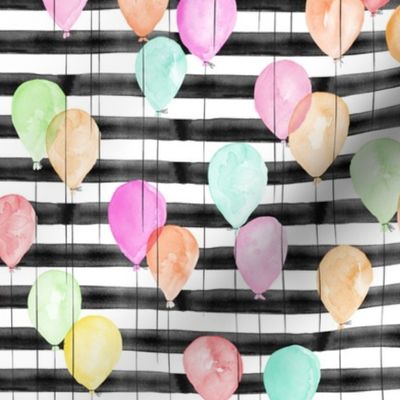 (small scale) multi balloons on black stripes - watercolor birthday fabric C19BS