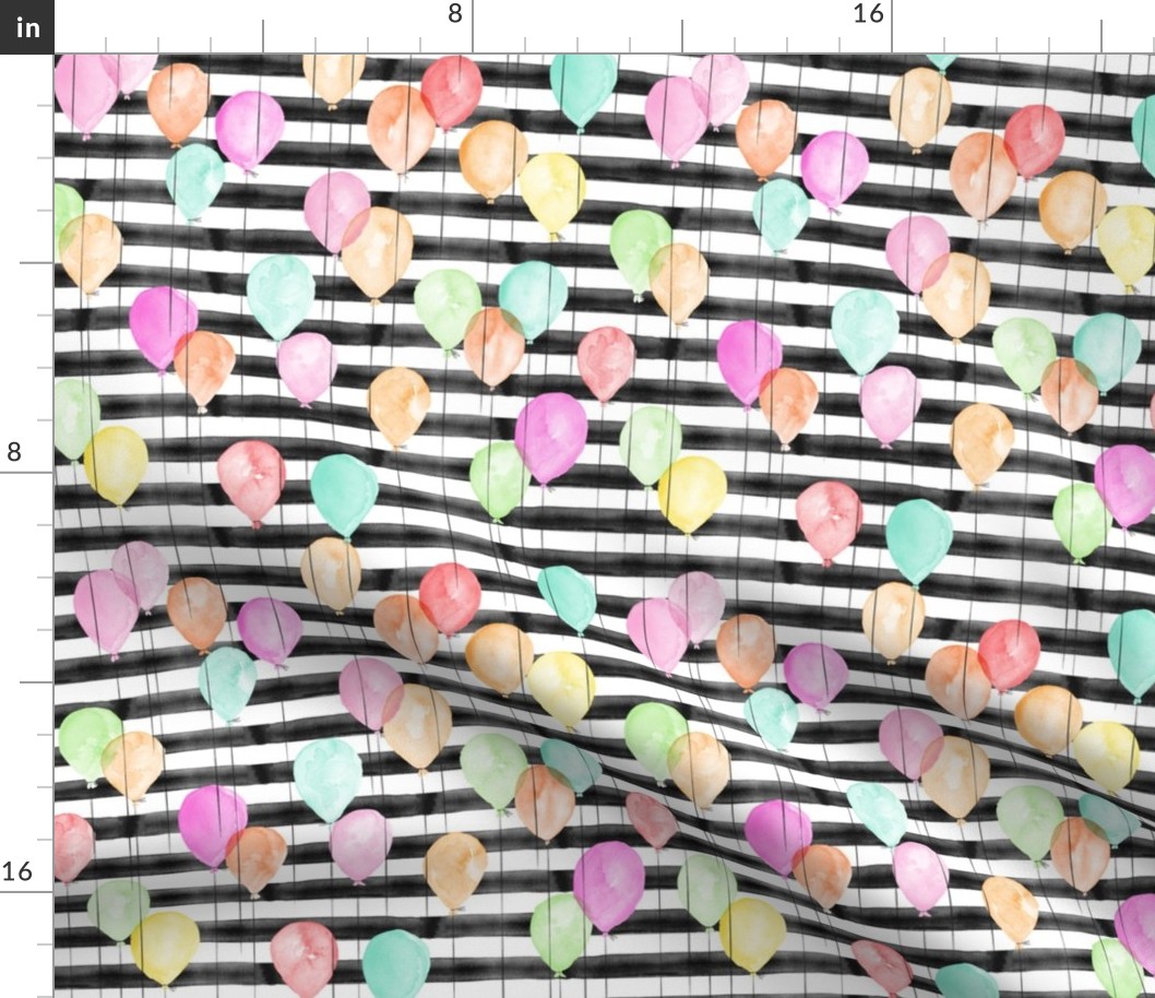 (small scale) multi balloons on black stripes - watercolor birthday fabric C19BS