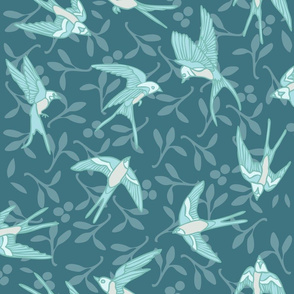 Blue Swallow Birds on Teal Green background