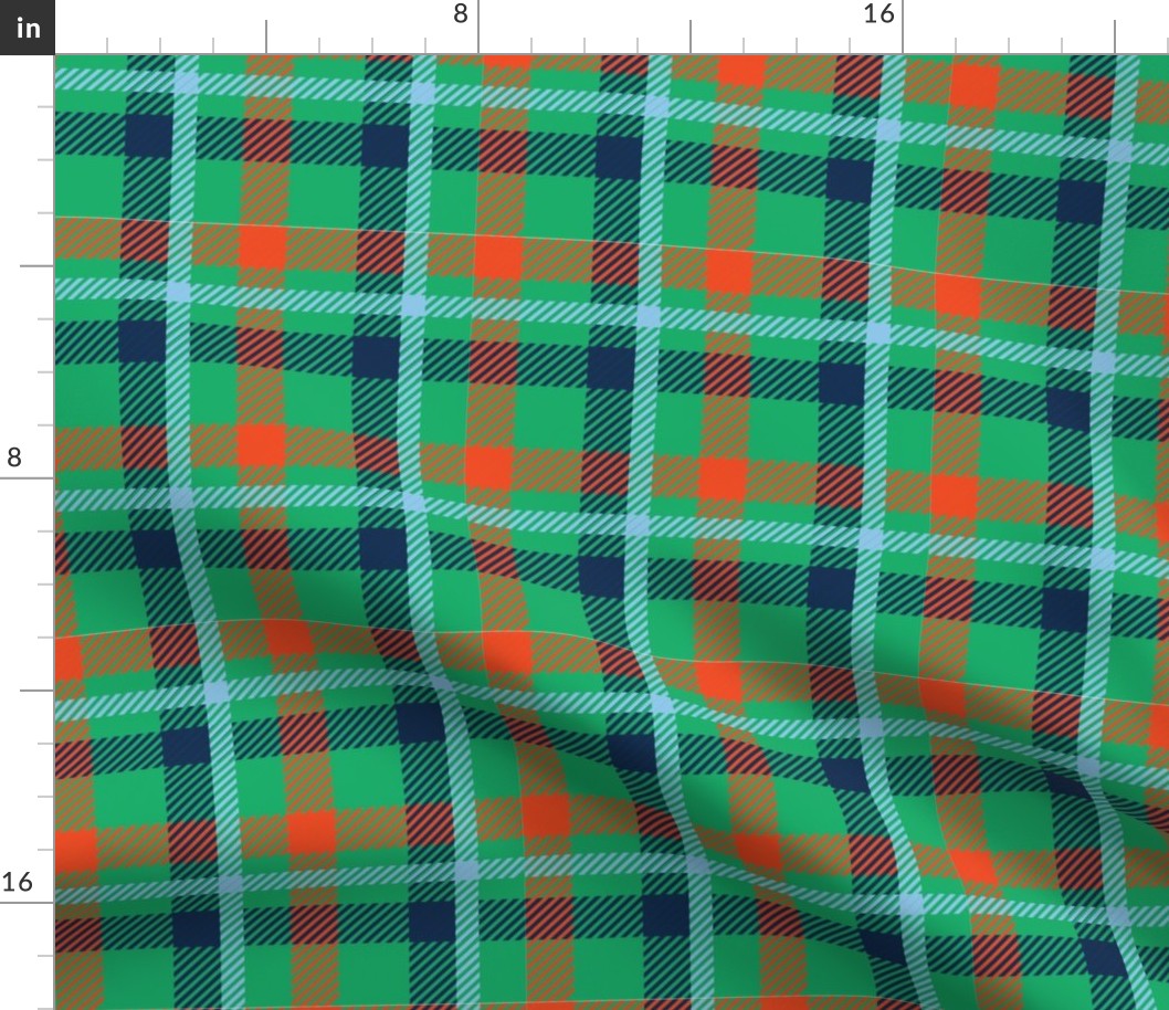 Saint Patricks Day Fabric Plaid Carolina Blue, Light Blue, Navy, Green, Orange, Saint Patricks Day