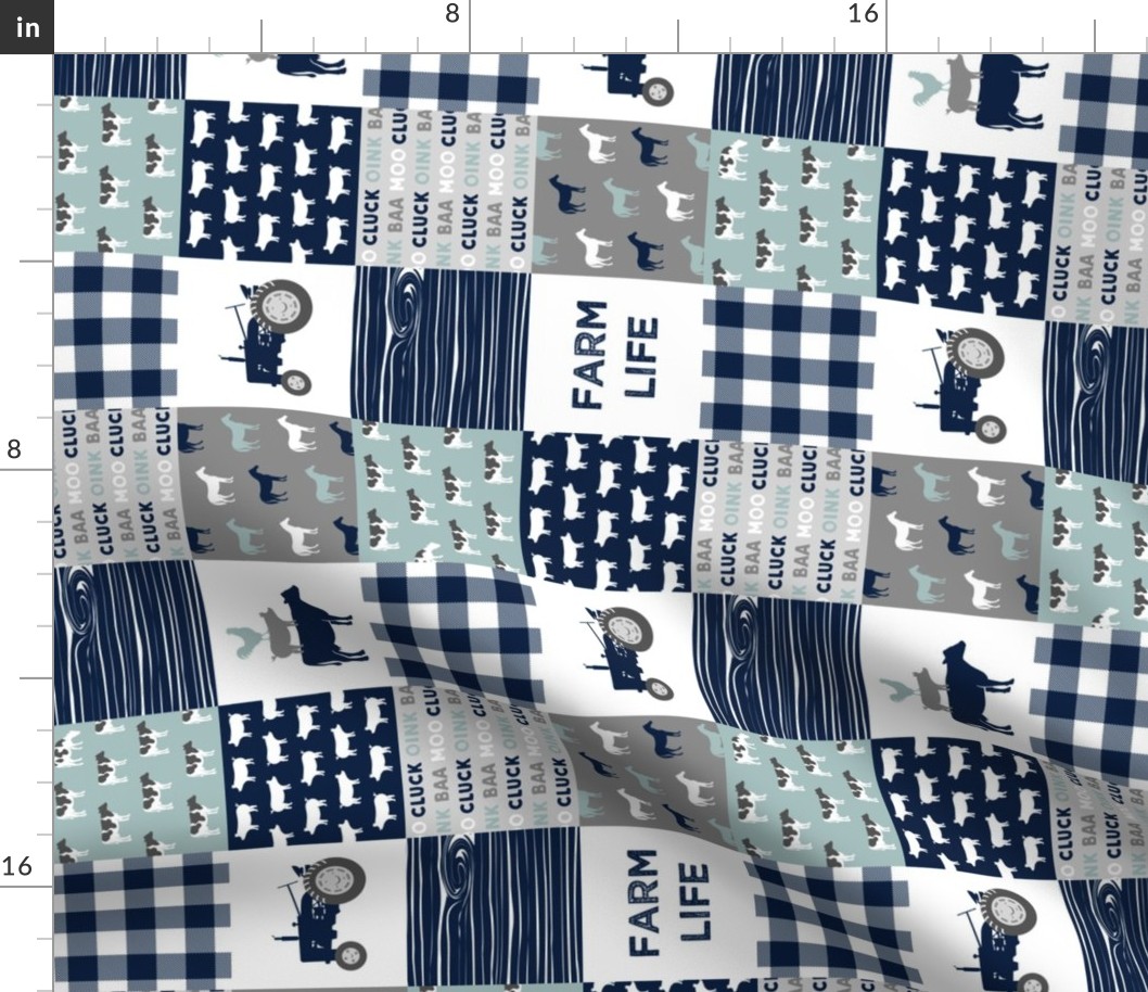(3" small scale) farm life - tractor wholecloth patchwork - navy and dusty blue (90) C19BS