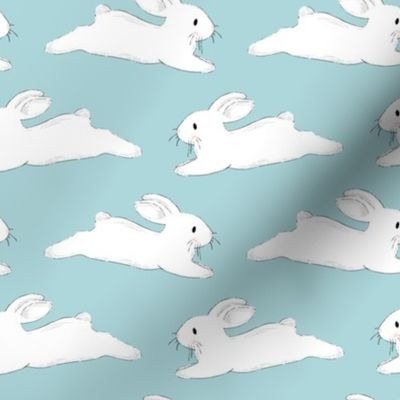 Leaping White Bunnies on Blue