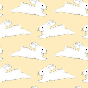 Leaping White Bunnies on Yellow