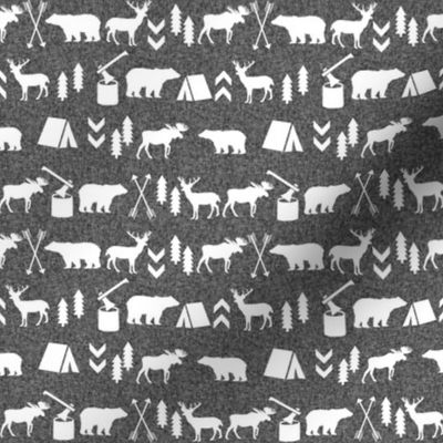 woodland camping silhouette - charcoal linen, camping outdoors fabric, lumberjack fabric