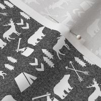 woodland camping silhouette - charcoal linen, camping outdoors fabric, lumberjack fabric